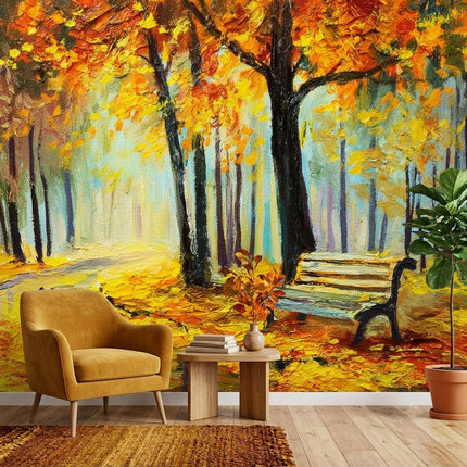Sonbahar Park Bank Yaprakları Suluboya Pastel Sarı Duvar Kağıdı