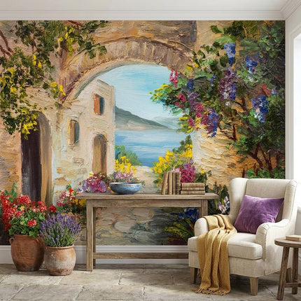 Yunan Köyü Kemerli Çiçekler Romantik Akdeniz Taş Geçit Suluboya Pastel Tonlar Duvar Kağıdı
