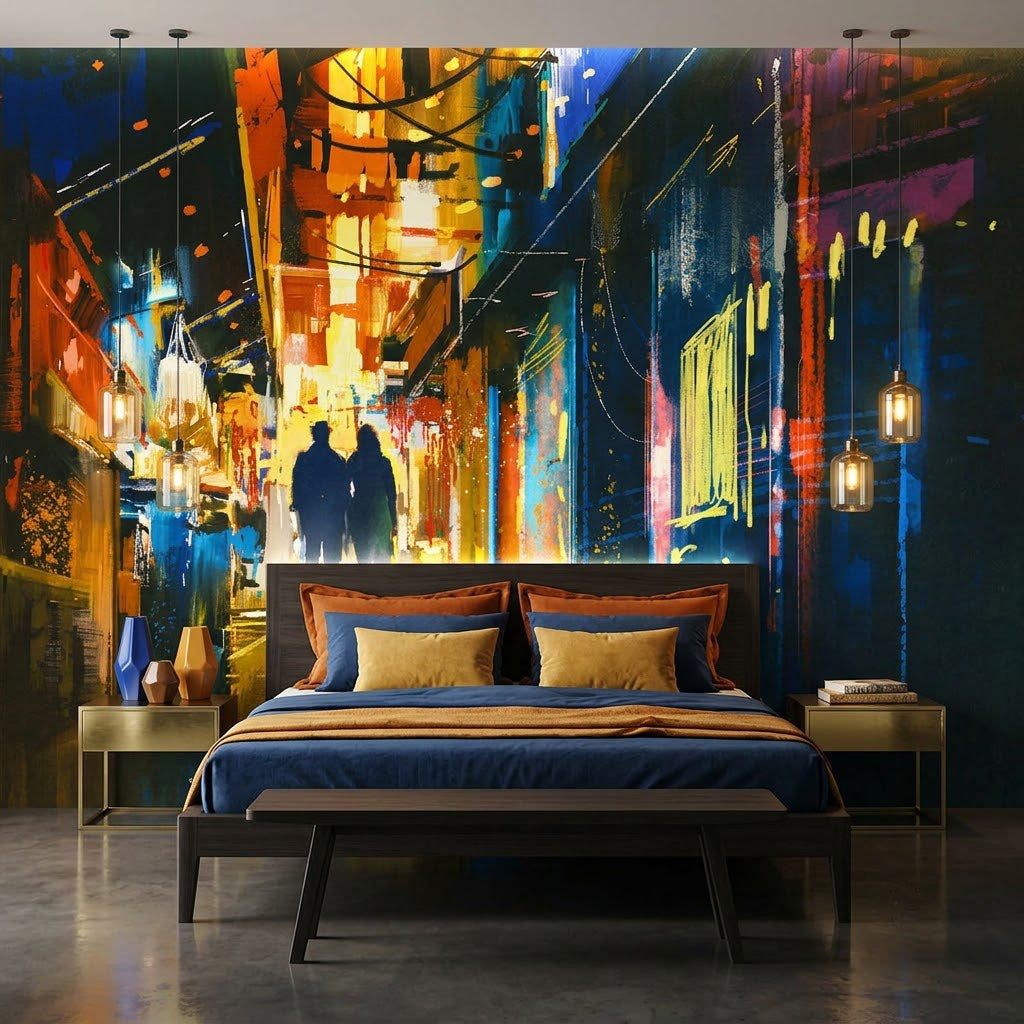 Canlı Neon Gece Sokak Romantik Çift Dramatik Empresyonist Suluboya Yağlı Boya Duvar Kağıdı