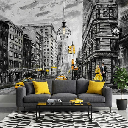 Romantik New York Sarı Taksi Gri Empresyonist Suluboya Yağlı Boya Duvar Kağıdı