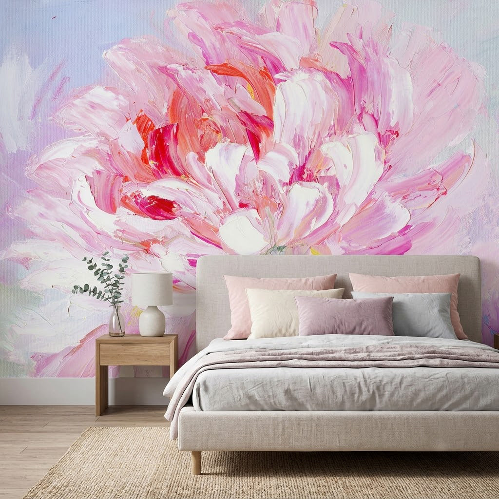 Zarif Şakayık Çiçeği Yağlı Boya Botanik Soft Pastel Pembe Duvar Kağıdı