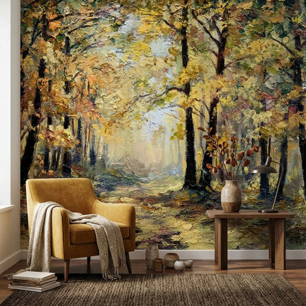 Yağlı Boya Sonbahar Orman Yolu Nostaljik Suluboya Pastel Sarı Duvar Kağıdı
