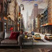 Canlı New York Yağmurlu Sokak Sarı Taksiler Suluboya Pastel Duvar Kağıdı