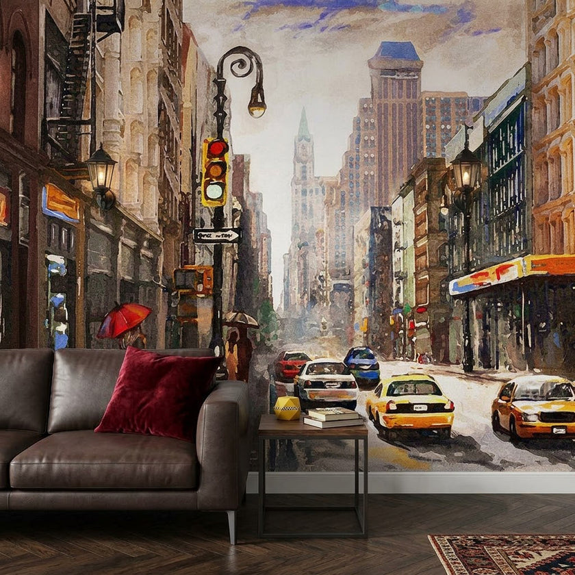 Canlı New York Yağmurlu Sokak Sarı Taksiler Suluboya Pastel Duvar Kağıdı