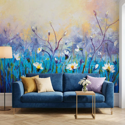 Nergis Yabani Bahar Çiçekleri Yağlı Boya Suluboya Pastel Mavi Bej Duvar Kağıdı