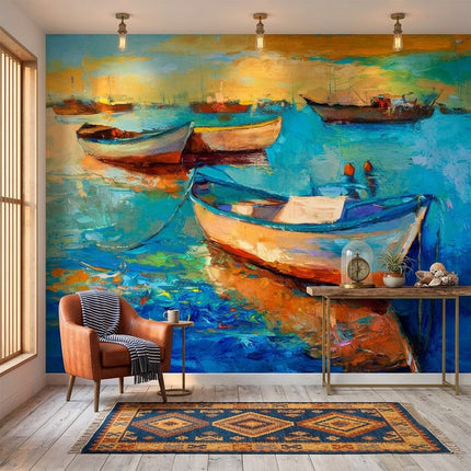 Akdeniz Balıkçı Tekneleri Liman Yağlı Boya Deniz Suluboya Mavi Turuncu Duvar Kağıdı
