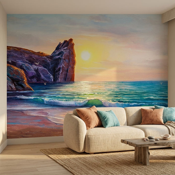 Canlı Gün Batımı Sahil Kayalığı Deniz Manzarası Suluboya Pastel Duvar Kağıdı