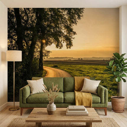 Golden Hours Kırsal Yol Gün Batımı Manzarası Yeşil Sarı Duvar Kağıdı