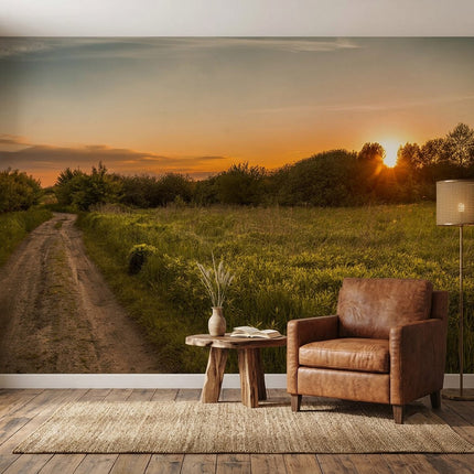 Golden Hour Kırsal Toprak Yol Gün Batımı Manzarası Yeşil Turuncu Duvar Kağıdı
