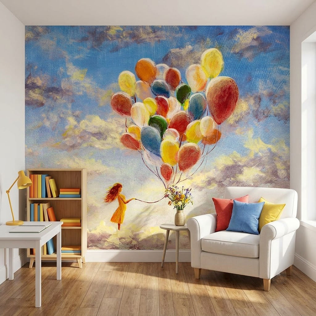 Balonlarla Uçan Kız Gökyüzü Romantik Pastel Mavi Duvar Kağıdı