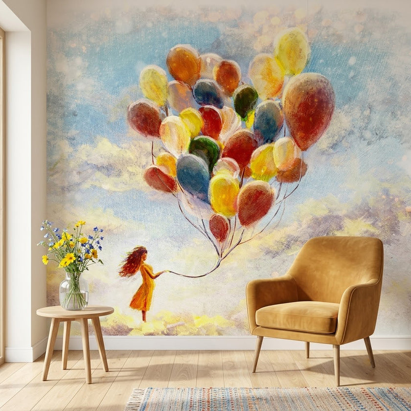 Balonlarla Uçan Kız Rüya Gökyüzü Hayal Gücü Pastel Mavi Duvar Kağıdı