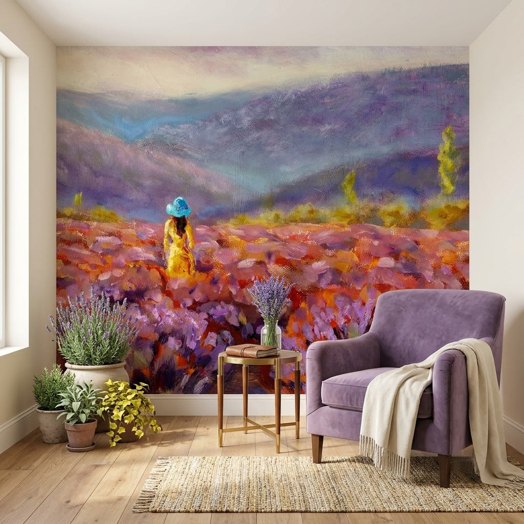 Sarı Elbiseli Kız Lavanta Tarlası Gün Batımı Romantik Suluboya Pastel Mor Duvar Kağıdı