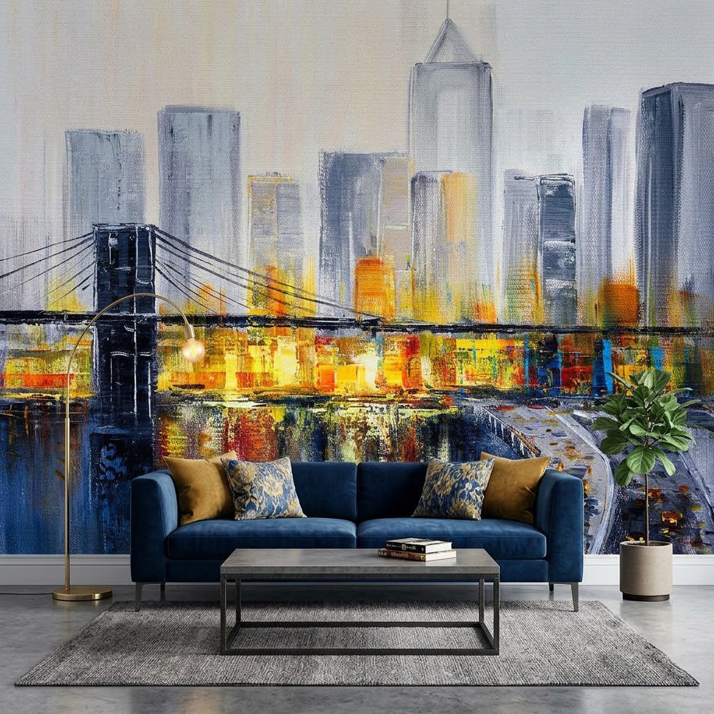 Brooklyn Köprüsü Modern New York Gece Işıkları Suluboya Sarı Mavi Duvar Kağıdı