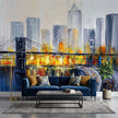 Brooklyn Köprüsü Modern New York Gece Işıkları Suluboya Sarı Mavi Duvar Kağıdı
