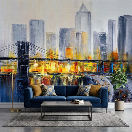 Brooklyn Köprüsü Modern New York Gece Işıkları Suluboya Sarı Mavi Duvar Kağıdı