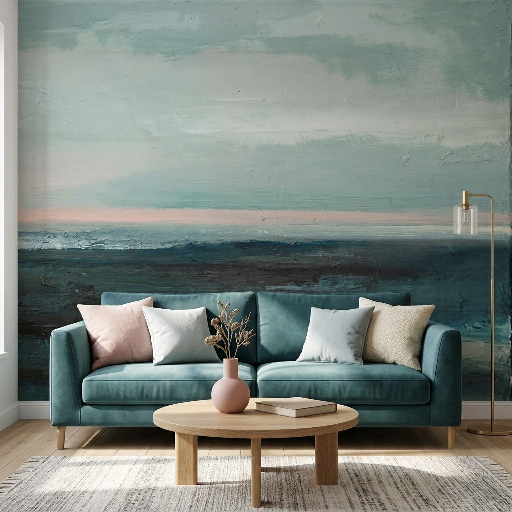Deniz Ufku Gün Batımı Huzurlu Minimal Soyut Manzara Pastel Mavi Gri Duvar Kağıdı