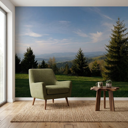 Huzurlu Çam Ormanı Panoraması Manzara Mavi Yeşil Duvar Kağıdı