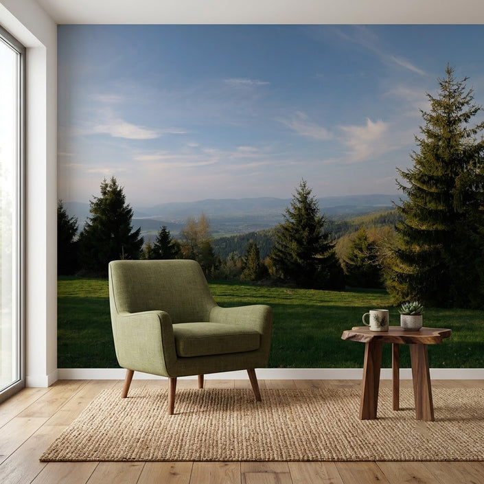 Huzurlu Çam Ormanı Panoraması Manzara Mavi Yeşil Duvar Kağıdı