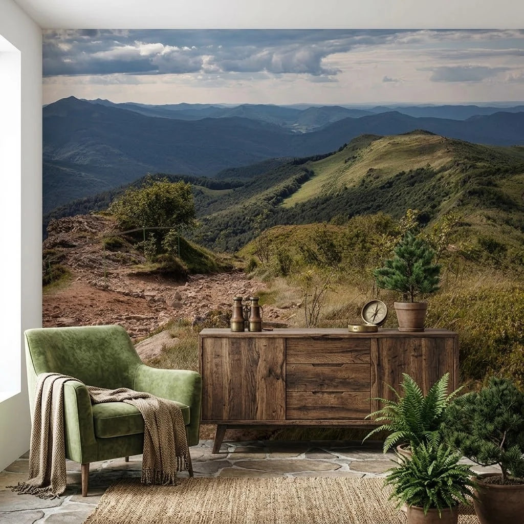Dağ Sırtı Manzarası Dramatik Bulutlu Alpin Panoraması Mavi Yeşil Duvar Kağıdı