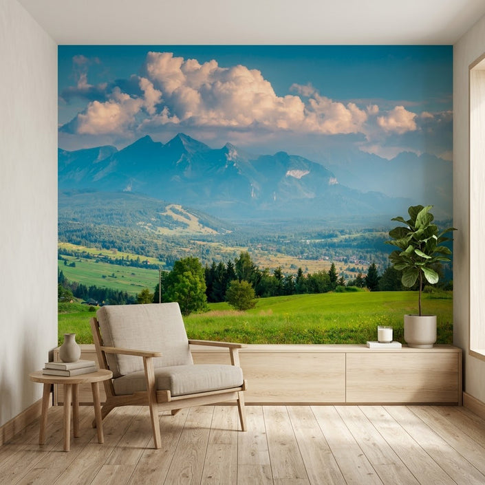 Tatra Dağları Panoraması Canlı Yeşil Çayır Dramatik Bulutlu Mavi Duvar Kağıdı