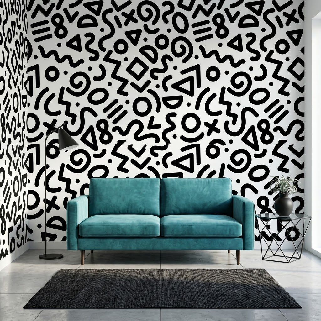 Eğlenceli Geometrik Kıvrımlar Çizgiler Soyut Karalama Deseni Siyah Beyaz Duvar Kağıdı