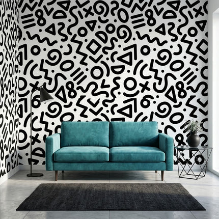 Eğlenceli Geometrik Kıvrımlar Çizgiler Soyut Karalama Deseni Siyah Beyaz Duvar Kağıdı