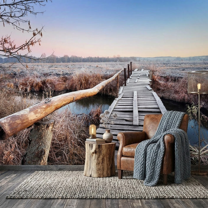 Ahşap Tahta Yol Sakin Gün Doğumu Mavi Gri Duvar Kağıdı