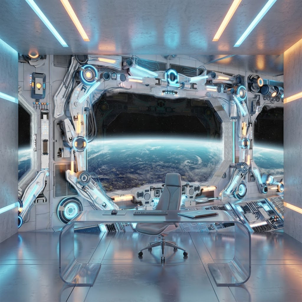 Fütüristik Uzay İstasyonu İç Mekan Dünya Yörüngesi Bilim Kurgu Mavi Gri Duvar Kağıdı