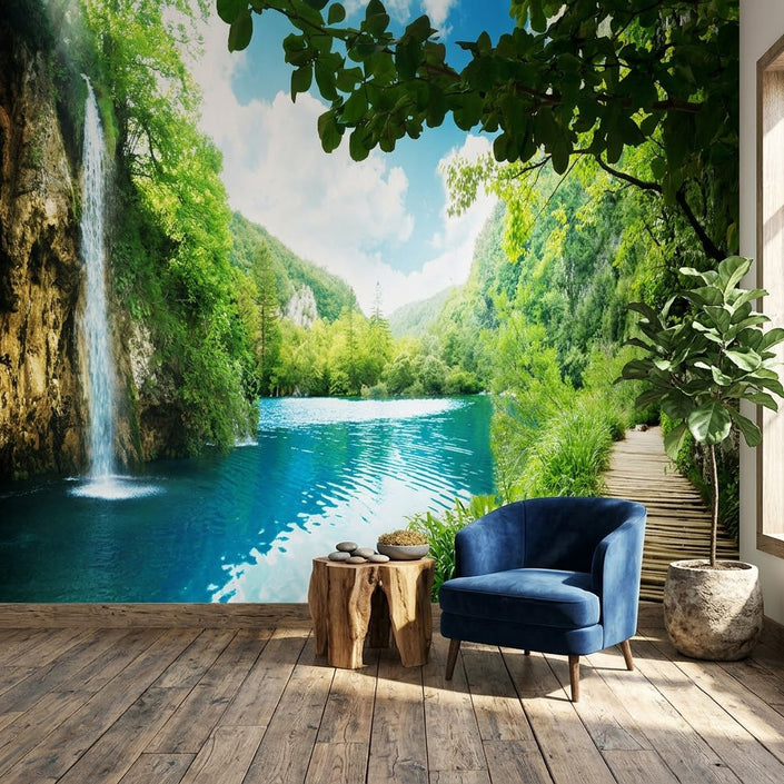 Huzurlu Şelale Ahşap Yol Turkuaz Plitvice Gölü Mavi Yeşil Duvar Kağıdı