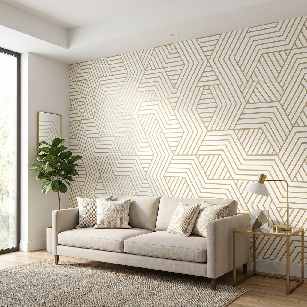 Zarif Geometrik Altıgen Labirent Deseni Modern Minimalist Çizgiler Bej Duvar Kağıdı