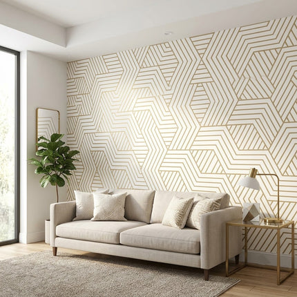 Zarif Geometrik Altıgen Labirent Deseni Modern Minimalist Çizgiler Bej Duvar Kağıdı