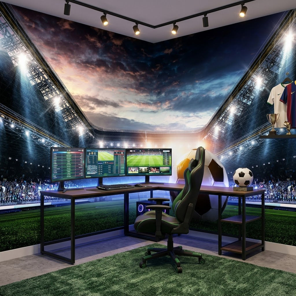 Epik Stadyum Spot Işıklı Futbol Topu Gece Dolu Tribün Mavi Yeşil Duvar Kağıdı
