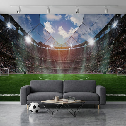 Epik Futbol Stadyumu Gece Manzarası Projektör Işıkları Dolu Tribün Arena Mavi Yeşil Duvar Kağıdı