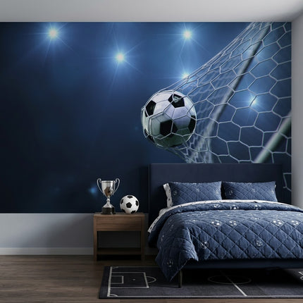 Epik Gol Anı Futbol Topu Filede Stadyum Projektör Işıkları Mavi Duvar Kağıdı