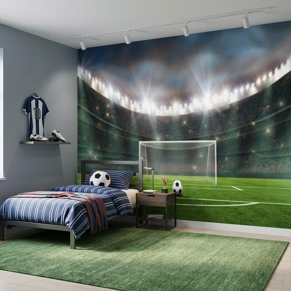 Epik Futbol Top Gol Spot Işığı Dramatik Stadyum Işıkları Gol İçin Hazır Top Yeşil Duvar Kağıdı