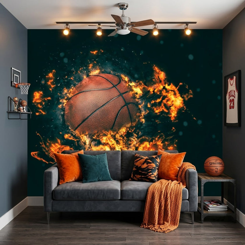 Alevli Basketbol Topu oğun Turuncu Ateş Patlaması Dinamik Hareket Efekti Siyah Duvar Kağıdı
