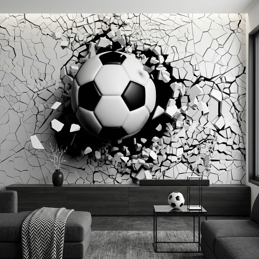 Epik Çatlak Futbol Topu Patlaması Kırık Duvar 3D Gri Duvar Kağıdı