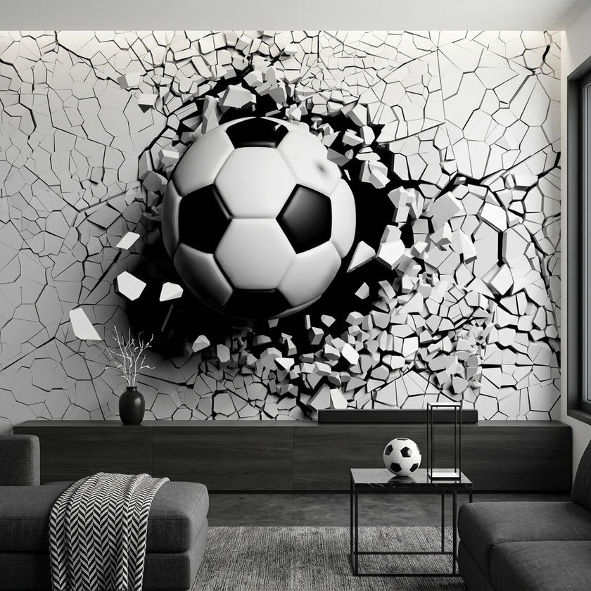 Epik Çatlak Futbol Topu Patlaması Kırık Duvar 3D Gri Duvar Kağıdı
