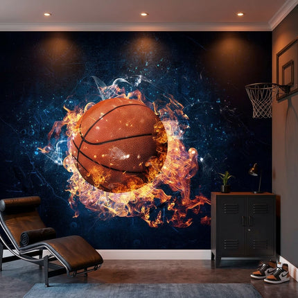 Alevler İçinde Patlayan Basketbol Topu Yoğun Turuncu Ateş Patlaması Lacivert Duvar Kağıdı