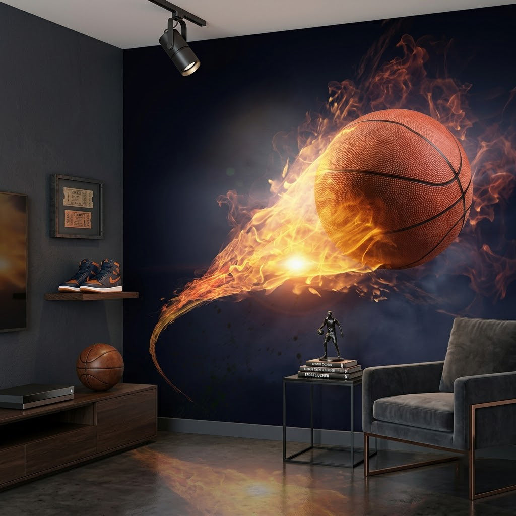Alevli Hız İzi Basketbol Topu Yoğun Turuncu Ateş Patlaması Lacivert Duvar Kağıdı