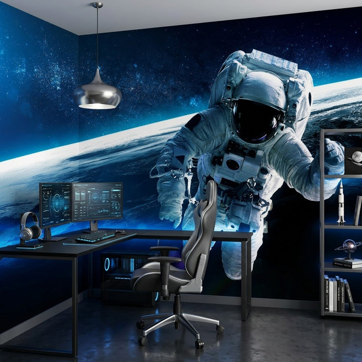 Astronot Dünya Üzerinde Uzayda Süzülüyor Uzay Manzar Lacivert Duvar Kağıdı