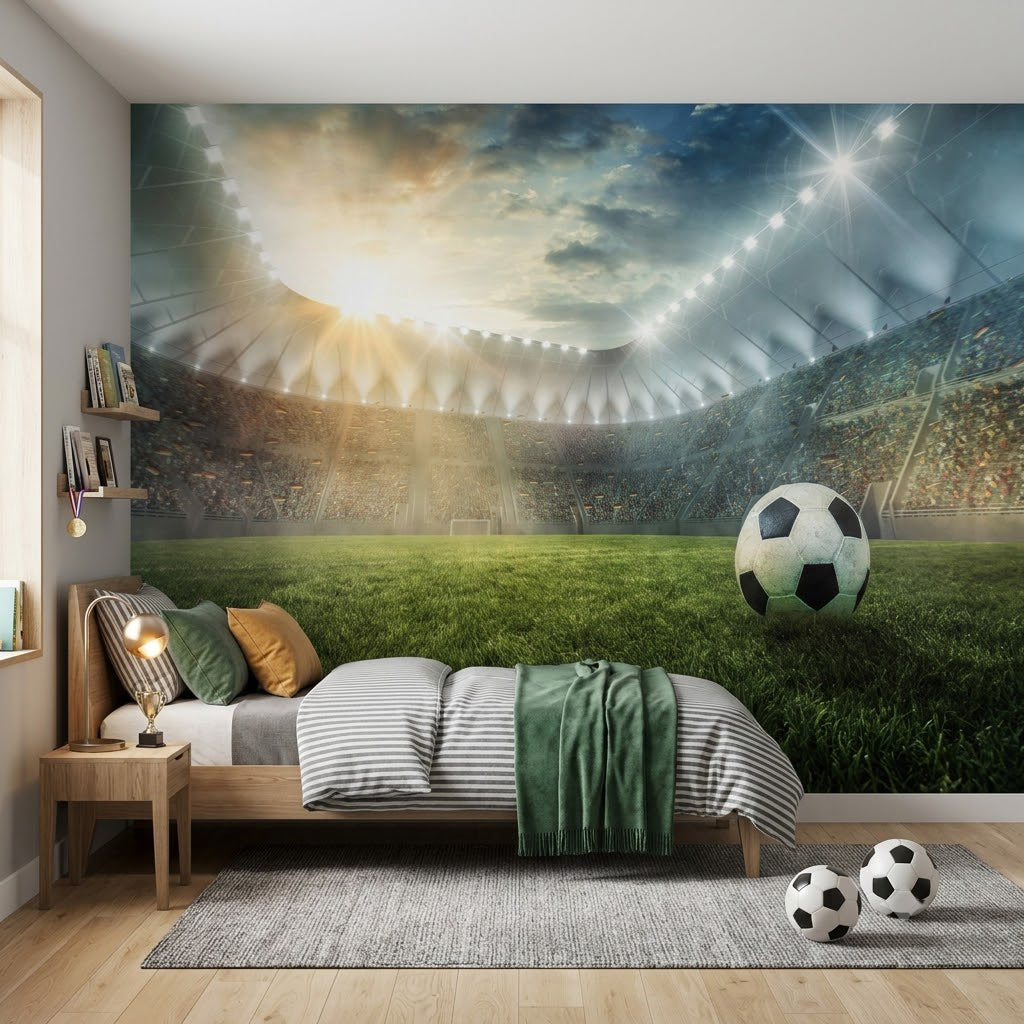 Epik Stadyum Spot Işıklı Futbol Topu Dramatik Gece Arenası Yeşil Duvar Kağıdı