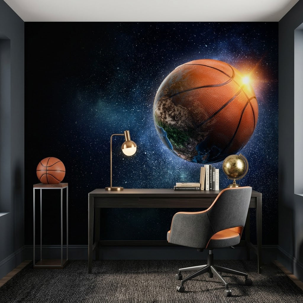 Kozmik Basketbol Topu Dünya Derin Uzayda Turuncu Patlama Lacivert Duvar Kağıdı