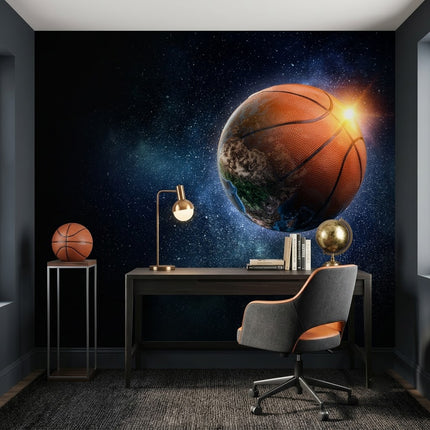 Kozmik Basketbol Topu Dünya Derin Uzayda Turuncu Patlama Lacivert Duvar Kağıdı
