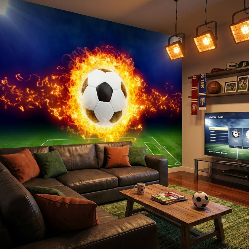 Alevler İçinde Futbol Topu Stadyum Ateş Patlaması Lacivert Turuncu Yeşil Duvar Kağıdı