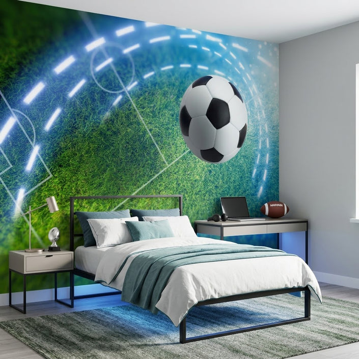Fütüristik Futbol Topu Yüksek Teknoloji Mavi Holografik Çizgiler Yeşil Duvar Kağıdı