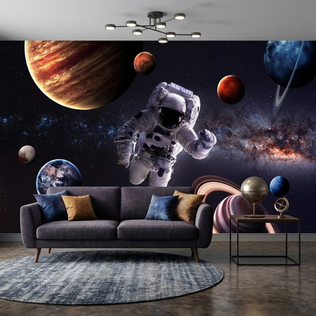 Epik Astronot Renkli Gezegenler Arasında Turuncu Mavi Duvar Kağıdı