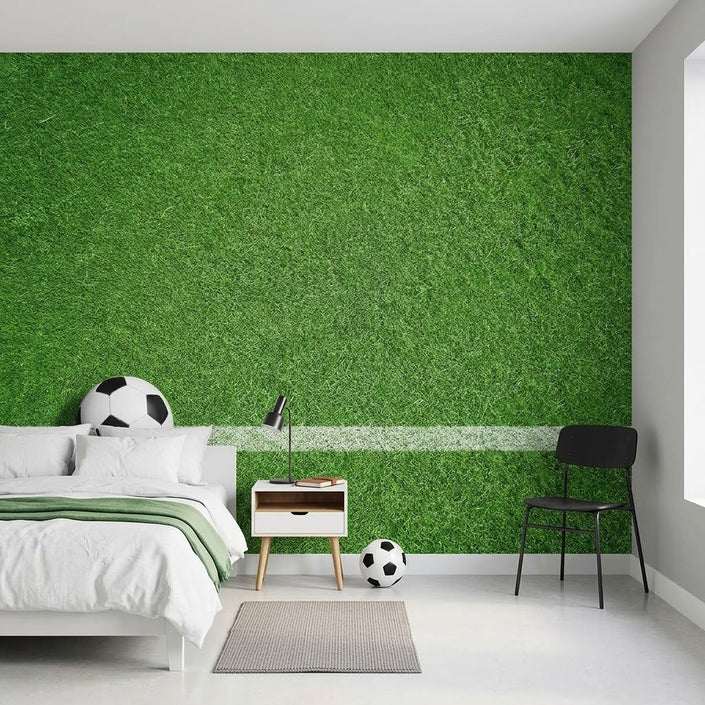 Klasik Futbol Topu Yeşil Saha Çizgisi Üzerinde Çim Görünüm Duvar Kağıdı