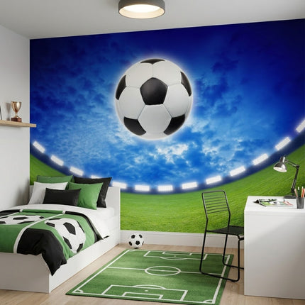 Epik Futbol Topu Stadyum Işıkları Altında Havada Yeşil Mavi Duvar Kağıdı
