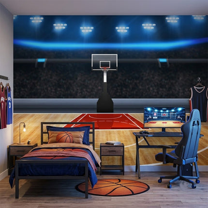 Basketbol Sahası Parlak Stadyum Işıkları Altında Mavi Turuncu Duvar Kağıdı